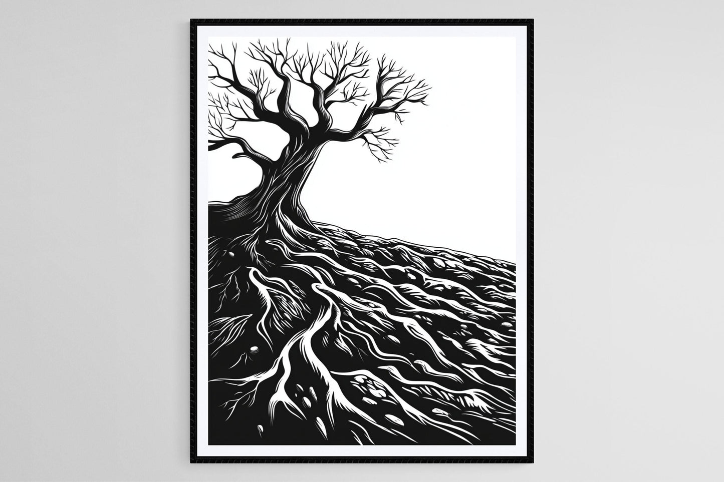 Affiche Arbre aux Racines – Poster Art Nature Minimaliste Noir et Blanc