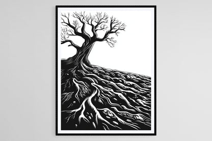 Affiche Arbre aux Racines – Poster Art Nature Minimaliste Noir et Blanc