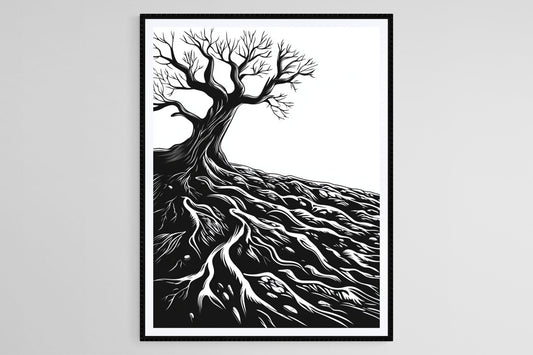 Affiche Arbre aux Racines – Poster Art Nature Minimaliste Noir et Blanc