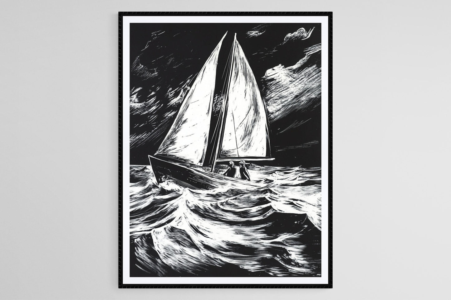 Affiche Voilier – Poster Art Linogravure Bicolore Océan Émotions