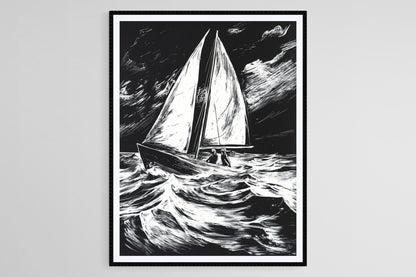 Affiche Voilier – Poster Art Linogravure Bicolore Océan Émotions