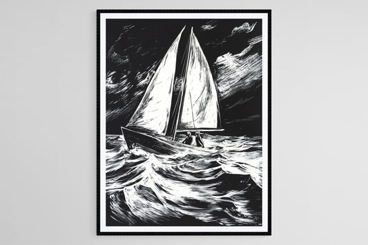 Affiche Voilier – Poster Art Linogravure Bicolore Océan Émotions