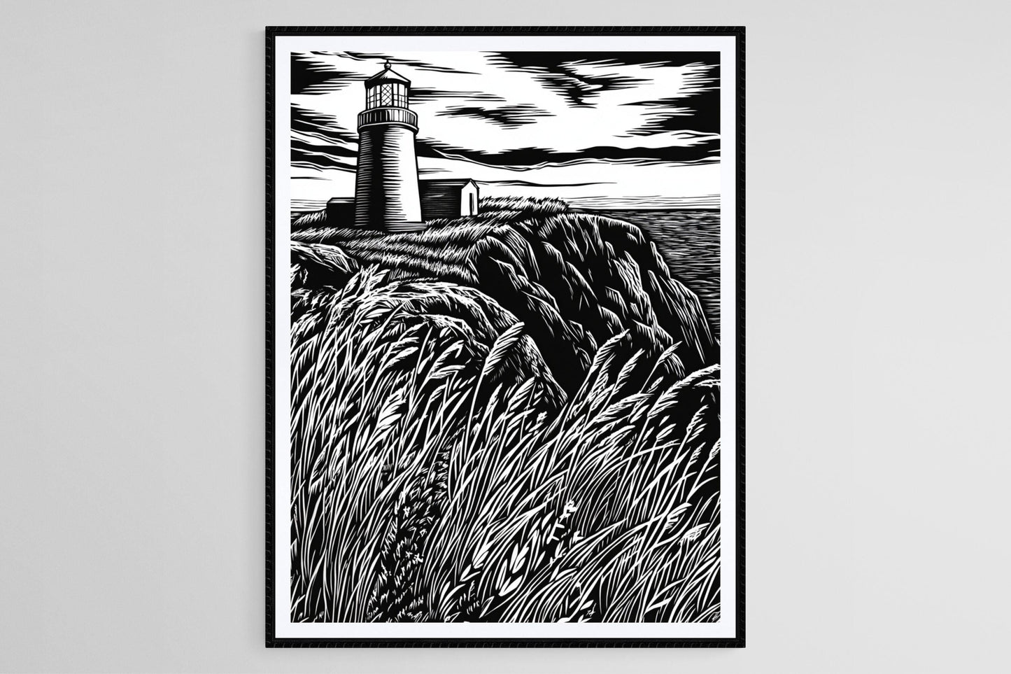 Affiche Phare – Poster Artisanal de Scène Côtière avec Herbes