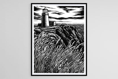 Affiche Phare – Poster Artisanal de Scène Côtière avec Herbes
