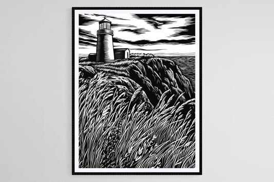 Affiche Phare – Poster Artisanal de Scène Côtière avec Herbes