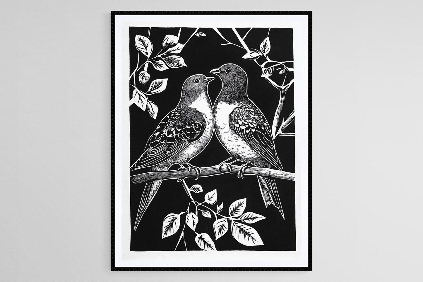 Affiche Oiseaux – Poster Linogravure Noir et Blanc, Art Nature Artisanale