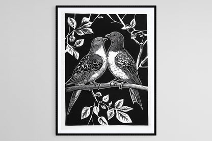 Affiche Oiseaux – Poster Linogravure Noir et Blanc, Art Nature Artisanale