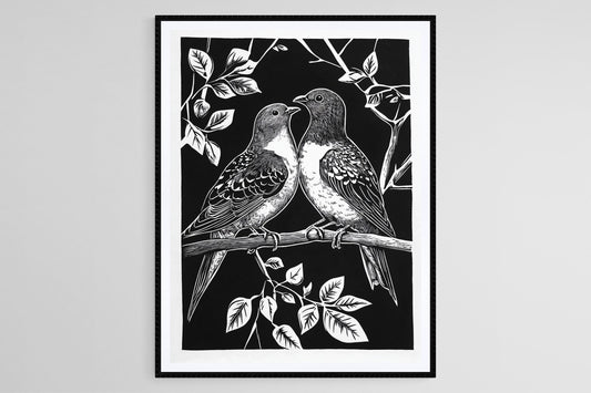 Affiche Oiseaux – Poster Linogravure Noir et Blanc, Art Nature Artisanale
