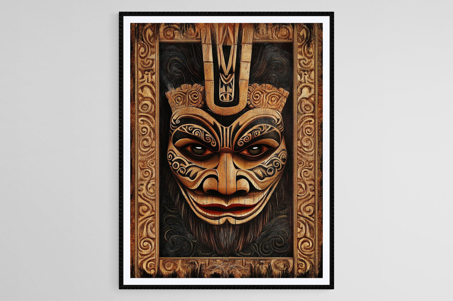 Affiche Masque Tiki Maori – Poster Art avec Tatouages Audacieux et Couleurs Vives