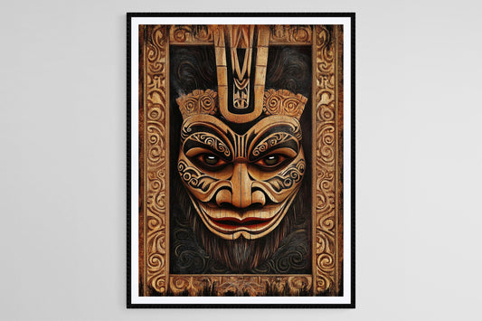 Affiche Masque Tiki Maori – Poster Art avec Tatouages Audacieux et Couleurs Vives