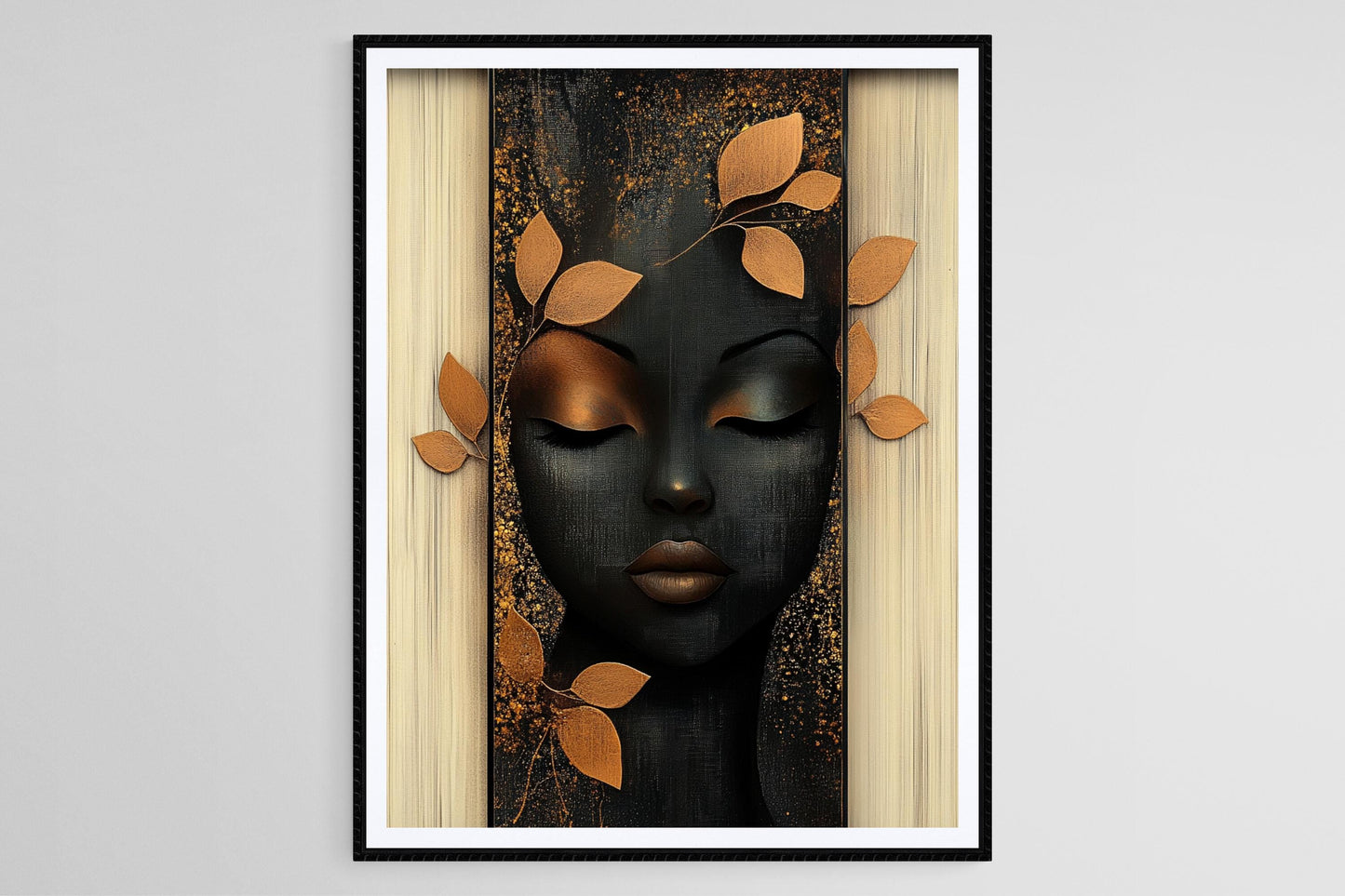 Affiche Portrait de Feuille Dorée – Impression Élégante Femme Noir et Or