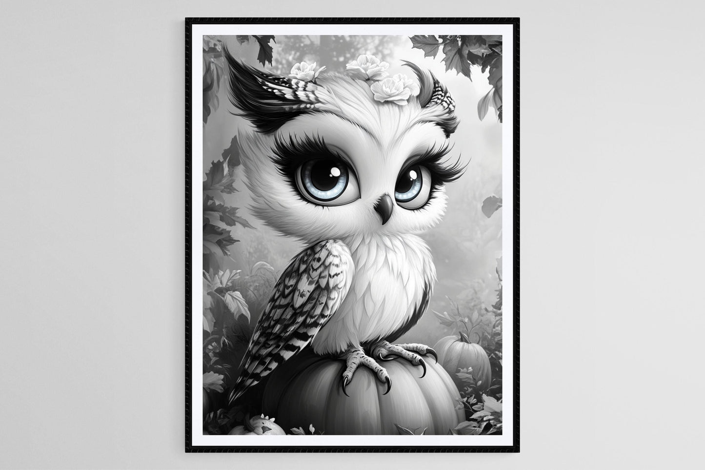 Affiche Hibou aux Grands Yeux – Illustration de Citrouille Noir et Blanc