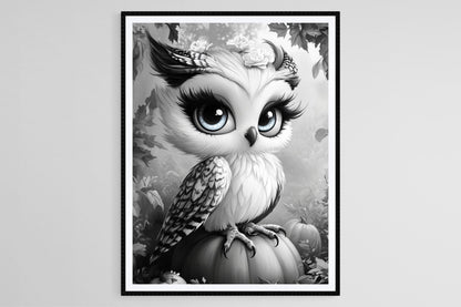 Affiche Hibou aux Grands Yeux – Illustration de Citrouille Noir et Blanc