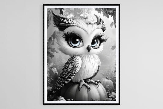 Affiche Hibou aux Grands Yeux – Illustration de Citrouille Noir et Blanc