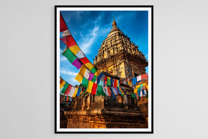 Affiche Swayambhunath – Poster Art Népalais avec Drapeaux de Prière