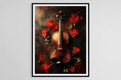 Affiche Violon et Fleurs Rouges – Décor Musical Élégant