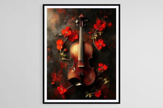 Affiche Violon et Fleurs Rouges – Décor Musical Élégant