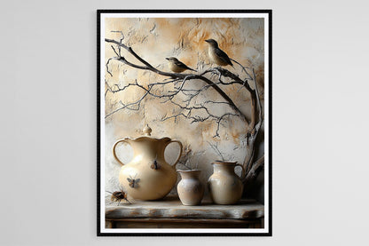 Affiche Vase en Céramique – Art Vintage Oiseaux et Branches