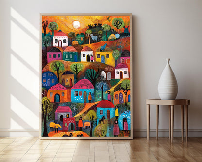 Affiche Village Éthiopien – Impression Art Folk Africaine Colorée