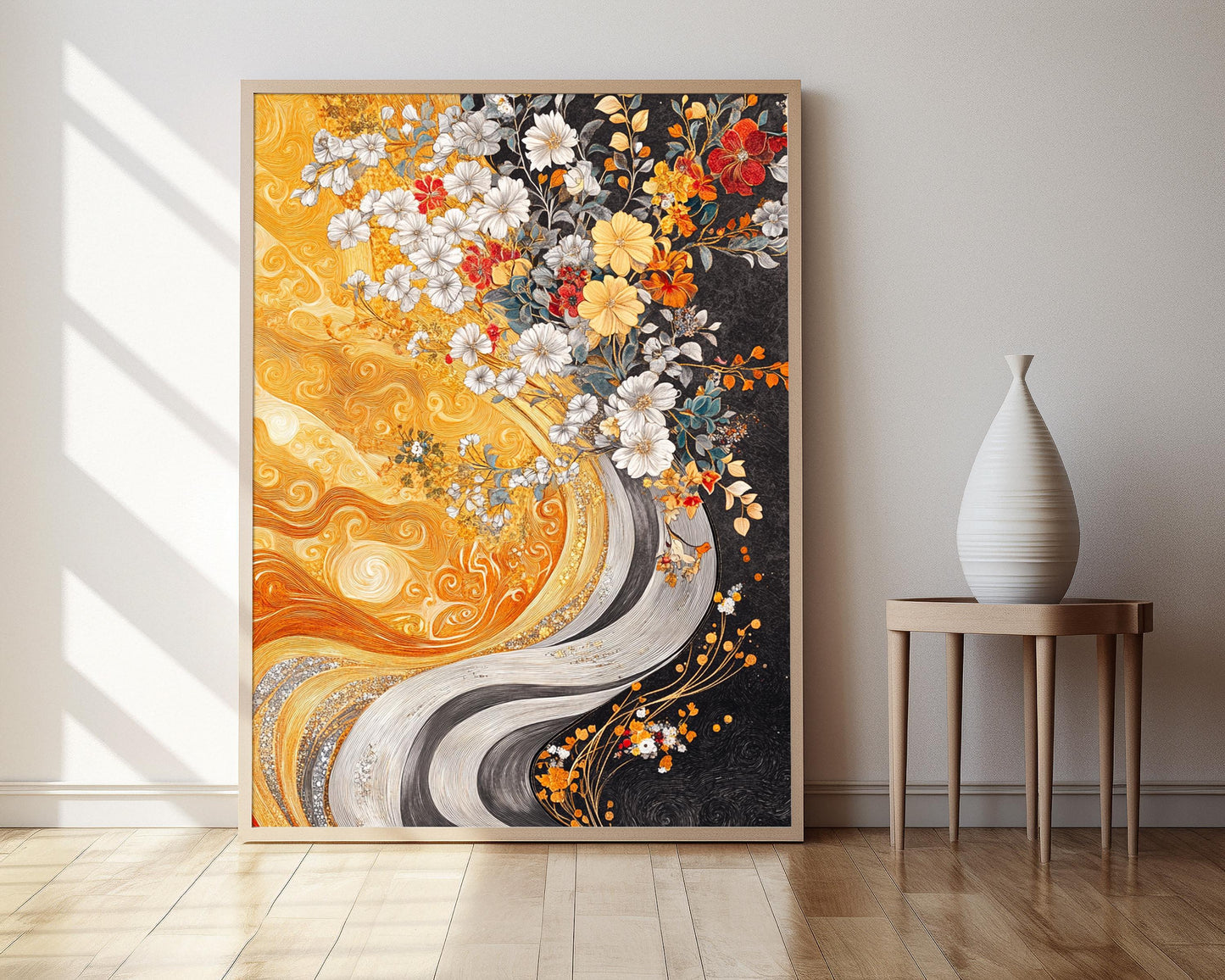 Affiche Art Abstrait Inspiré de Klimt – Tourbillons Dorés et Argentés