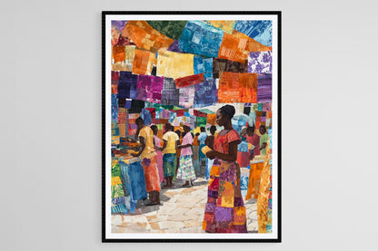 Affiche Marché Textile Haïtien – Poster Scène Colorée et Tissus