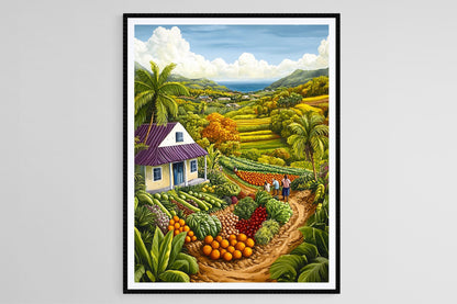 Affiche Art Haïtien – Poster de Produits Locaux et Campagne Tropicale