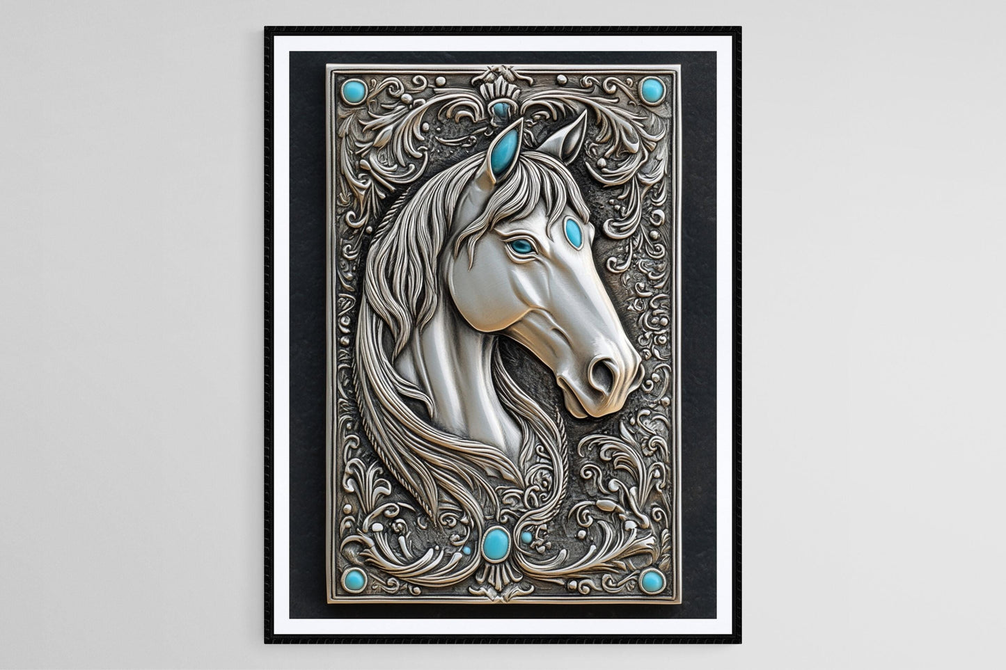 Affiche Cheval Argenté – Impression Art Détaillée avec Accents Turquoise