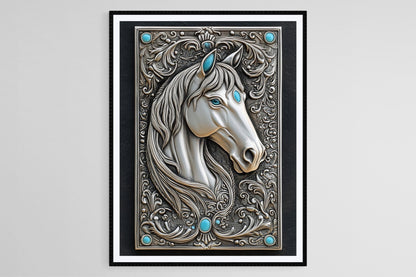 Affiche Cheval Argenté – Impression Art Détaillée avec Accents Turquoise