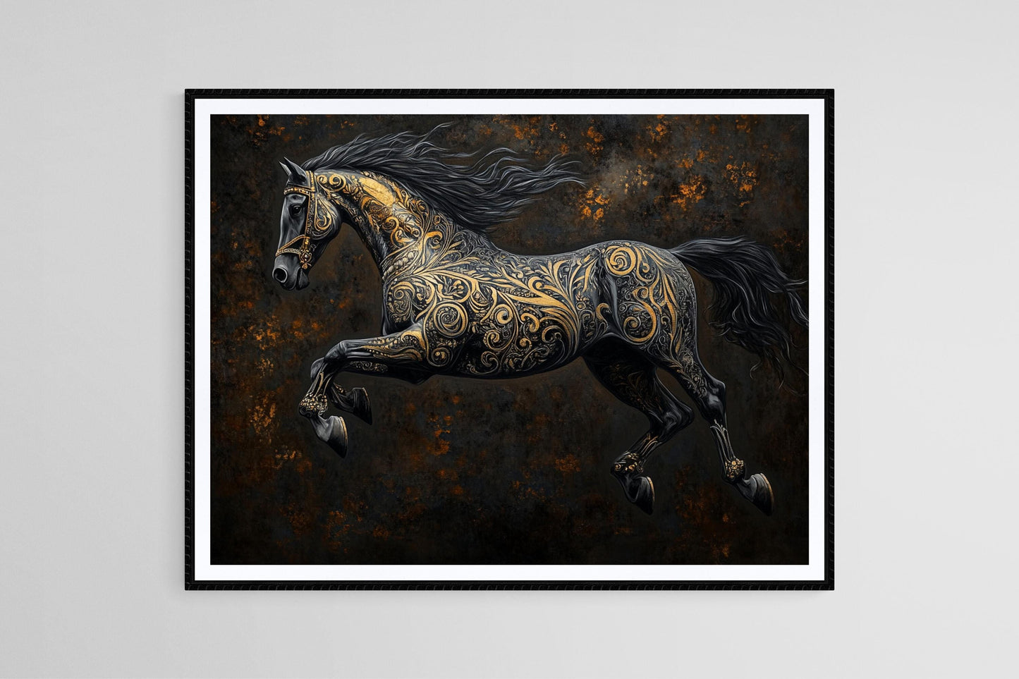 Affiche Cheval Hyper-Réaliste – Poster Art Équestre Noir et Or