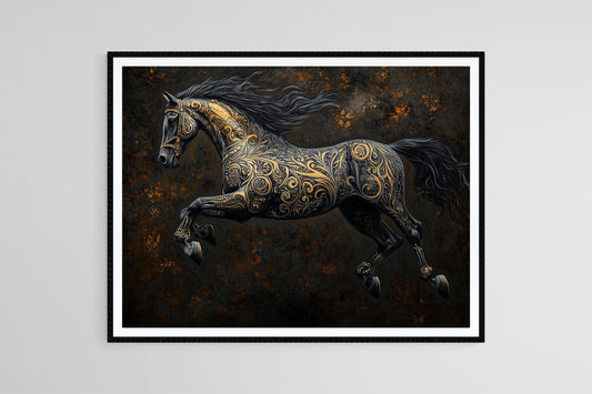 Affiche Cheval Hyper-Réaliste – Art Équestre Noir et Or