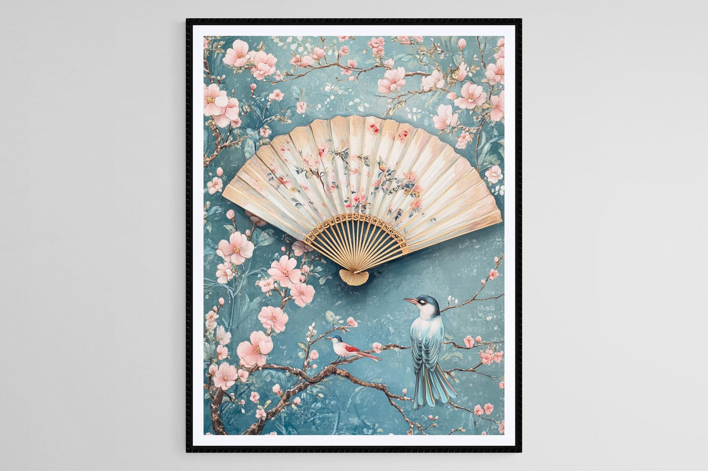 Affiche Chinoiserie – Poster Oiseaux et Fleurs, Décor Mural Bleu Doux