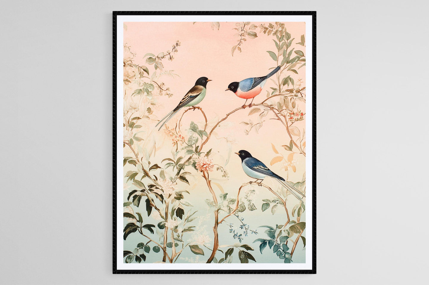 Affiche Chinoiserie – Impression d'oiseaux et feuillages pastel