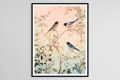 Affiche Chinoiserie – Impression d'oiseaux et feuillages pastel