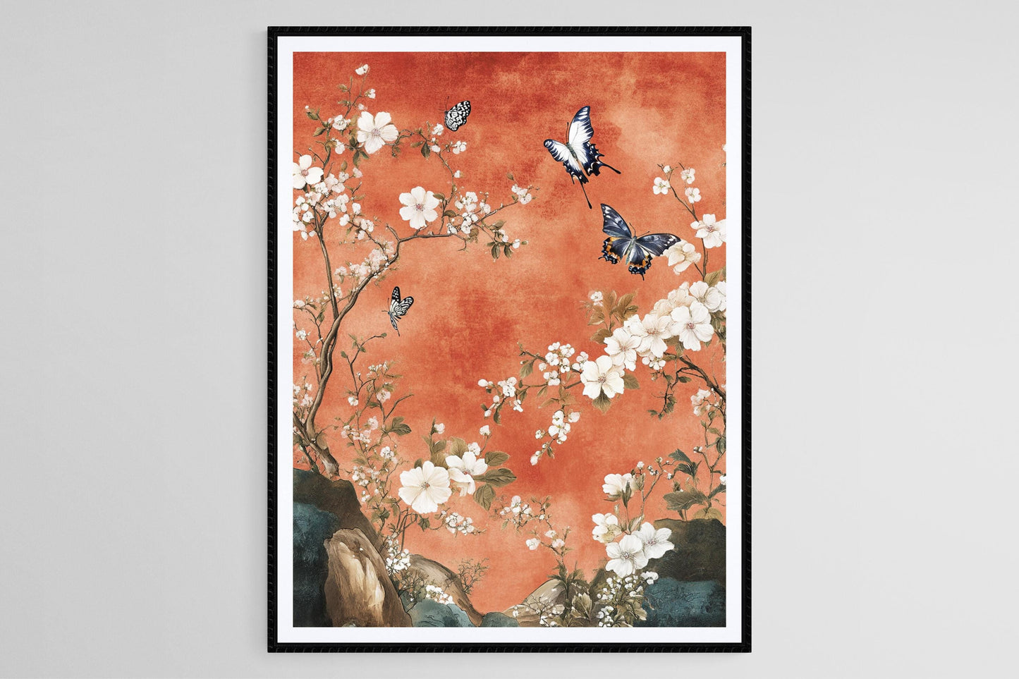 Affiche Jardin Chinoiserie – Impression Art, Papillons et Fleurs, Décor Élégant