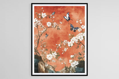 Affiche Jardin Chinoiserie – Impression Art, Papillons et Fleurs, Décor Élégant