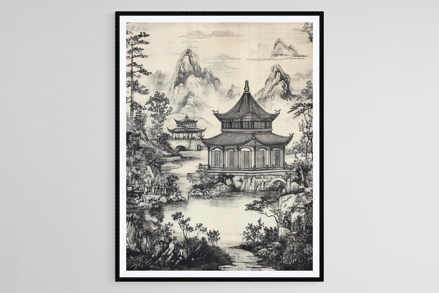 Affiche Chinoiserie – Impression de paysage avec pagodes et montagnes