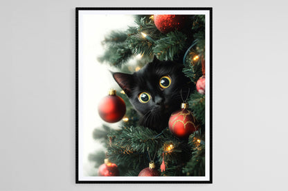 Affiche Chat Noir et Sapin – Art Festif avec Décorations de Noël