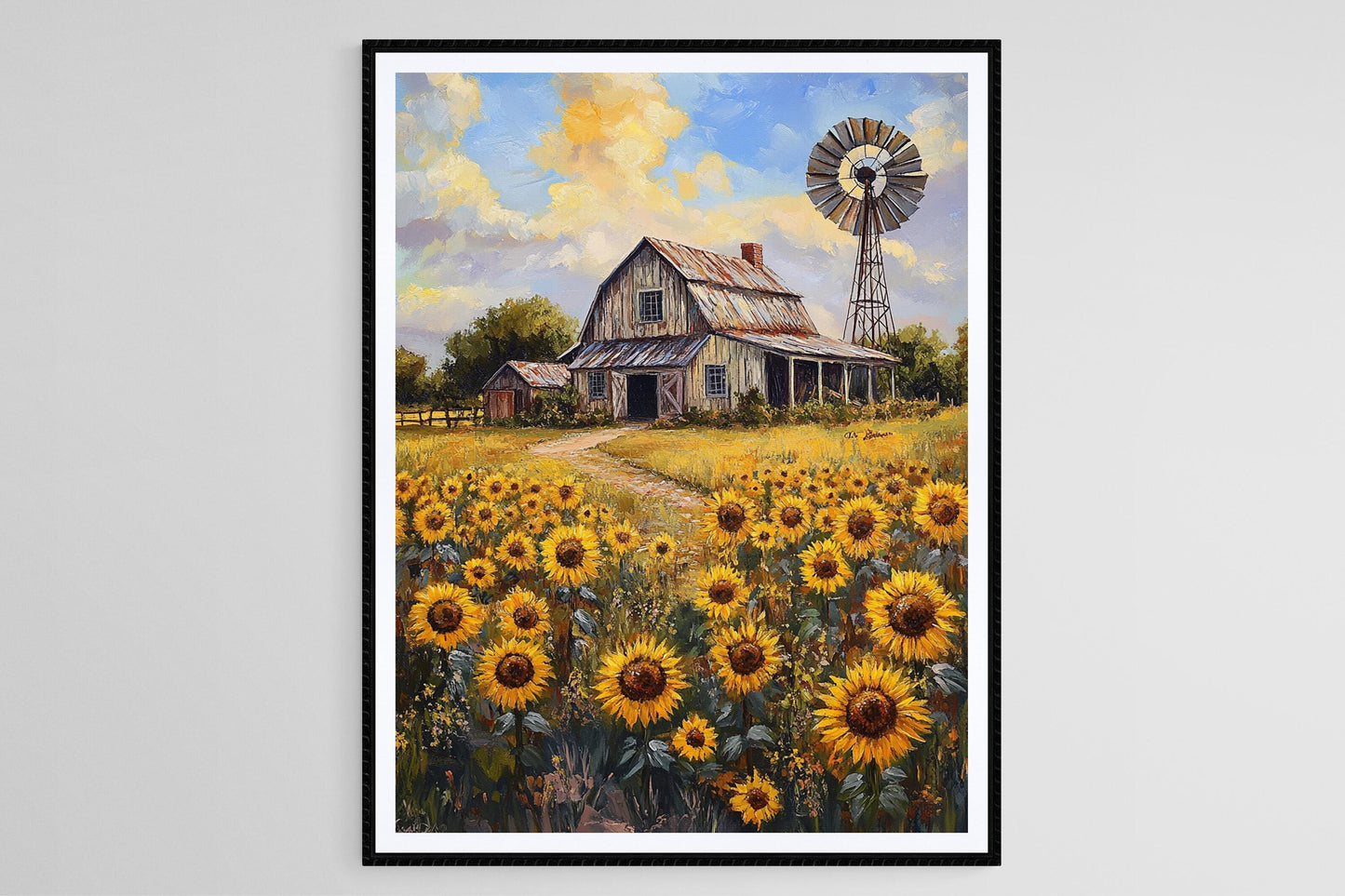 Affiche Ferme du Texas – Poster Champs de Tournesols et Grange Rustique