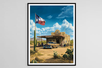 Affiche Vintage Texas – Poster Art de Station-Service avec Voiture Classique