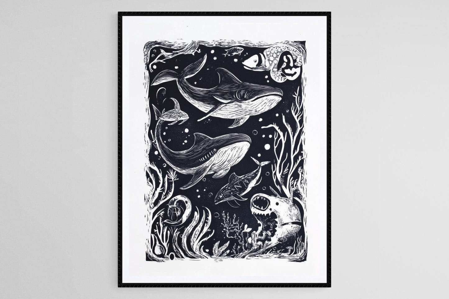 Affiche Créatures Maritimes – Poster Art Noir et Blanc de la Vie Sous-Marine