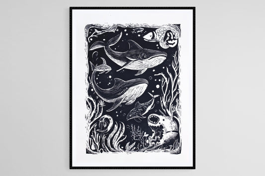 Affiche Créatures Maritimes – Poster Art Noir et Blanc de la Vie Sous-Marine