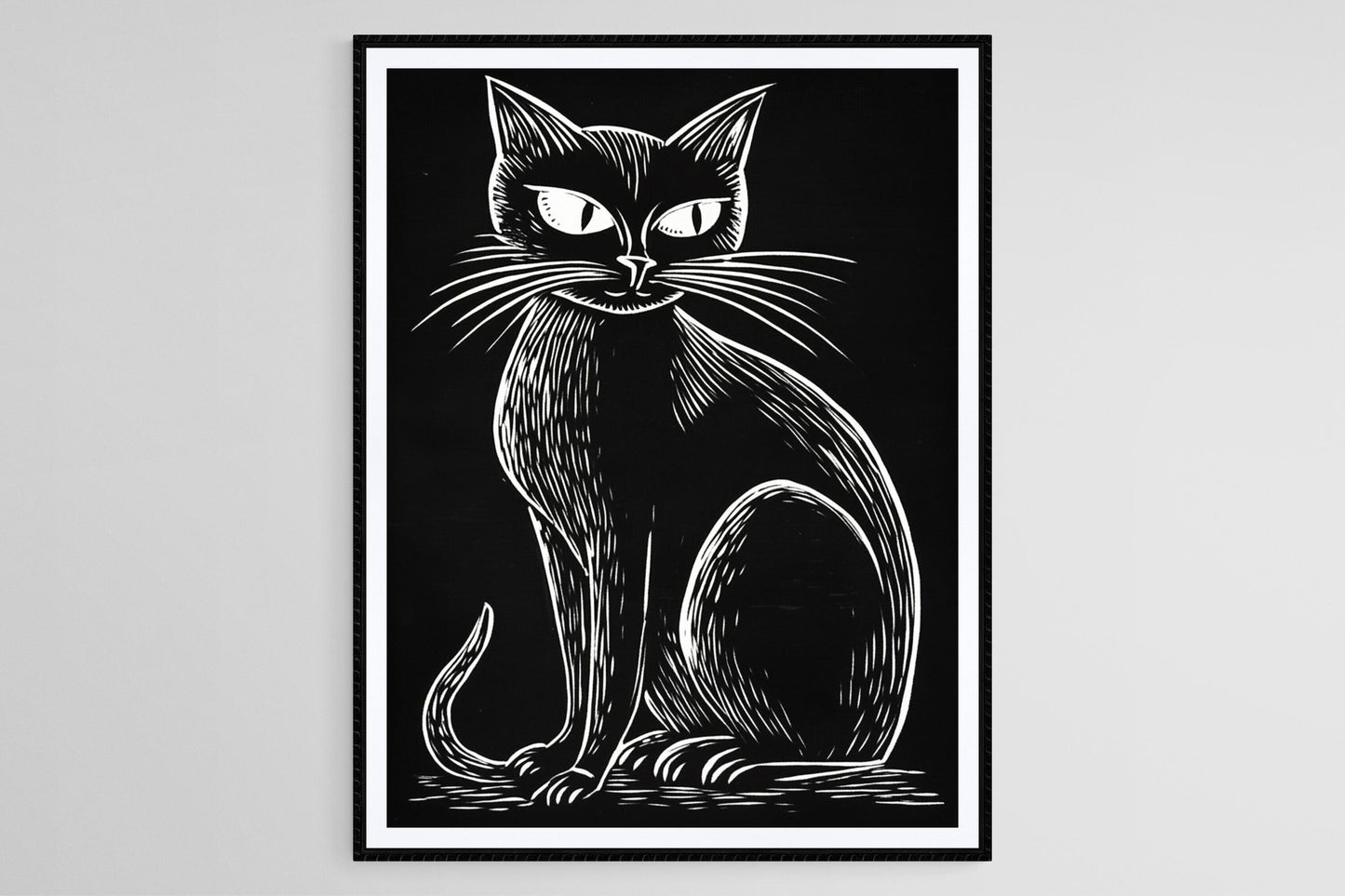 Affiche Chat Noir – Poster Art Linogravure Halloween, Décor Gothique