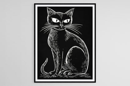 Affiche Chat Noir – Poster Art Linogravure Halloween, Décor Gothique