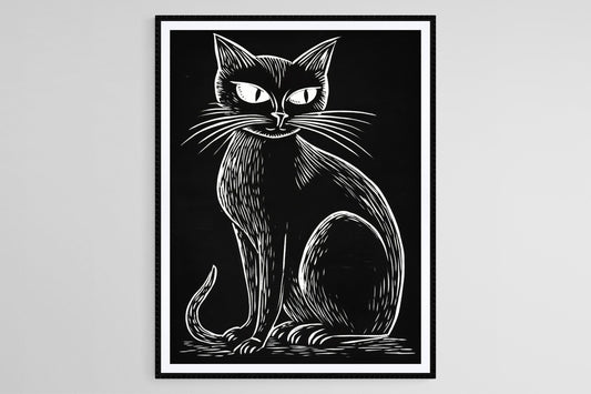 Affiche Chat Noir – Poster Art Linogravure Halloween, Décor Gothique