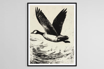Affiche Oie Volante – Poster Art Linogravure Noir et Blanc, Décor Nature