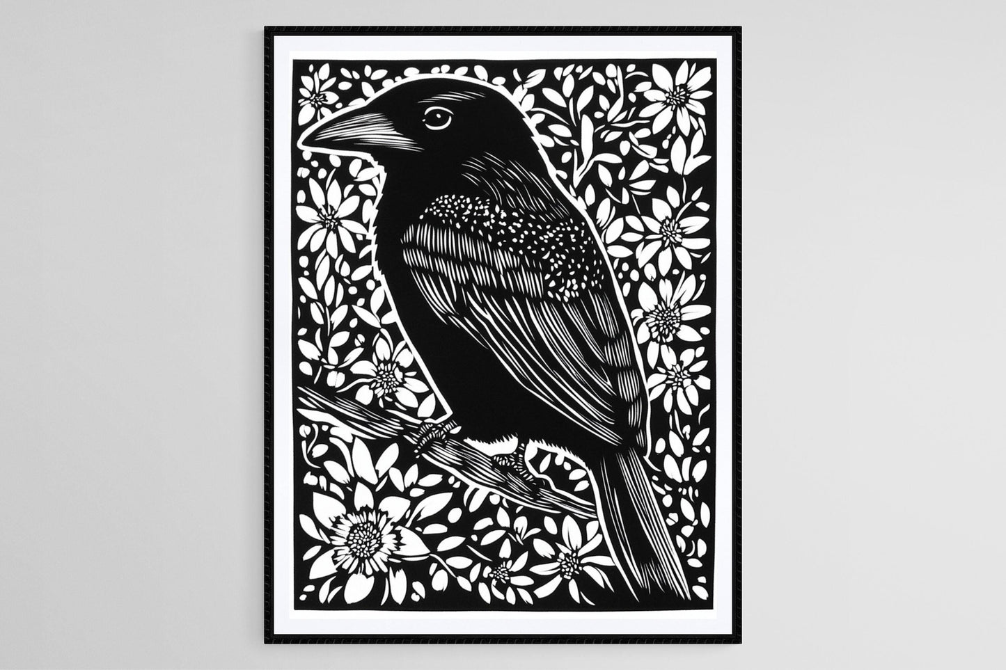 Affiche Oiseau – Poster Linogravure sur Fond Floral Noir et Blanc