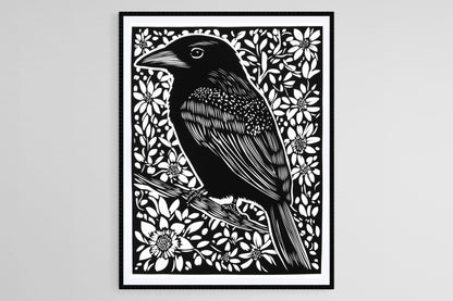 Affiche Oiseau – Poster Linogravure sur Fond Floral Noir et Blanc