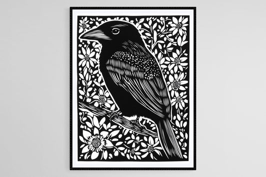 Affiche Oiseau – Poster Linogravure sur Fond Floral Noir et Blanc