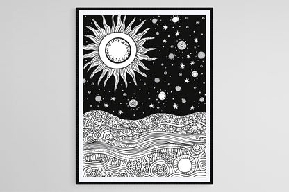 Affiche Solaire Cosmique – Poster Linogravure Noir et Blanc Abstrait
