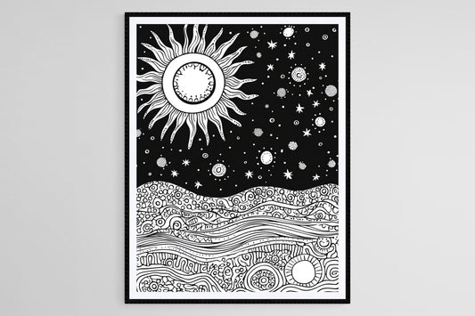 Affiche Solaire Cosmique – Poster Linogravure Noir et Blanc Abstrait